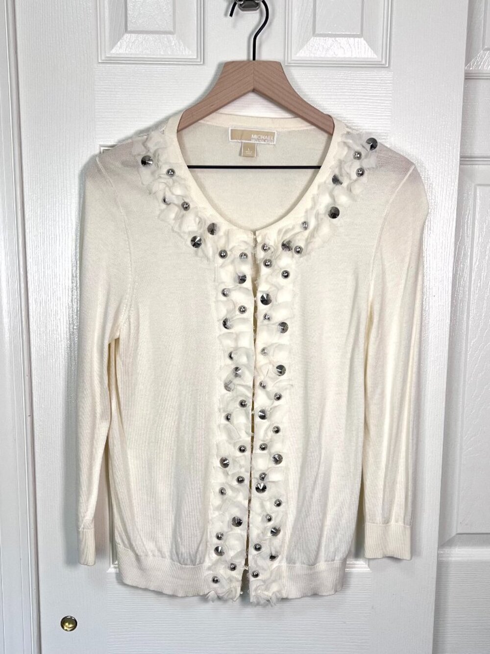 Michael Kors Studded 3/4 Sleeve Cardigan Sweater Ivory Size Large